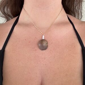 Gold Chain Necklace with Natural Brown Snail Shell Pendant and Pearl Accents
